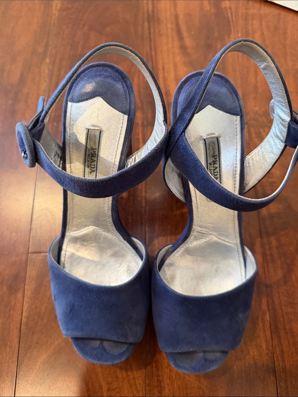 Prada Navy Suede Open-Toe Slingback Heels